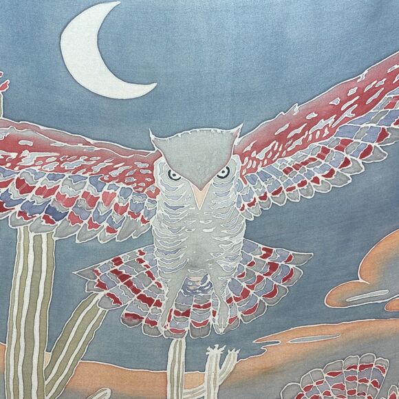 Large Square Flying Owl Scarf Desert Scene Lightweight 40"X42" Hand Rolled Silk - Picture 2 of 7